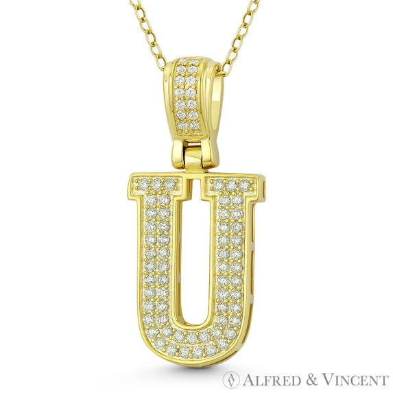 Initial Letter "U" Block Script Cubic Zirconia CZ Crystal Pendant in .925 Sterling Silver w/ 14k Yellow Gold