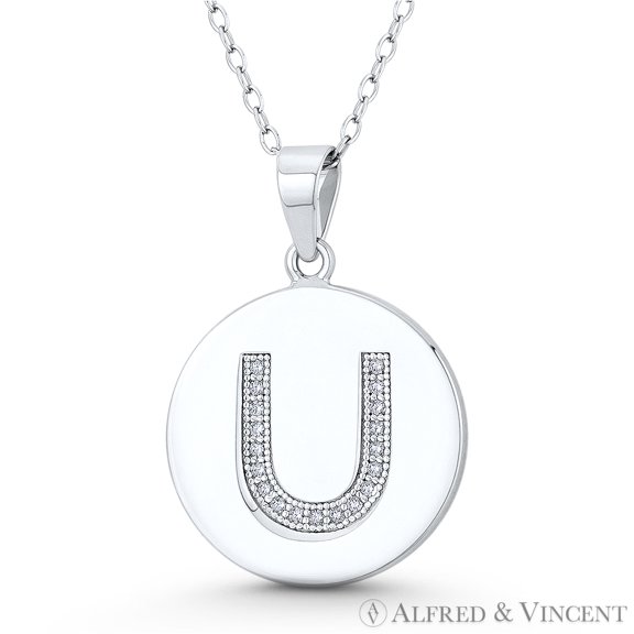Initial Letter "U" Cubic Zirconia CZ Crystal 27x18mm (1.1"x0.7") Circle Pendant & Chain Necklace in .925 Sterling Silver w/ Rhodium