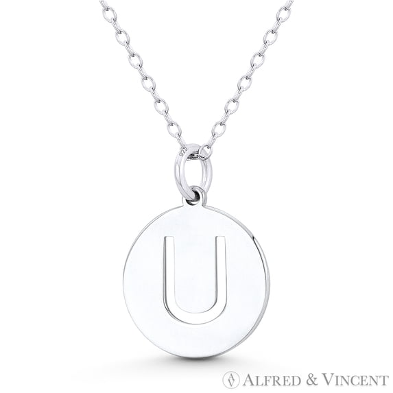 Initial Letter "U" Cutout 20x15mm (0.8in x 0.6in) Round Disc Pendant in .925 Sterling Silver