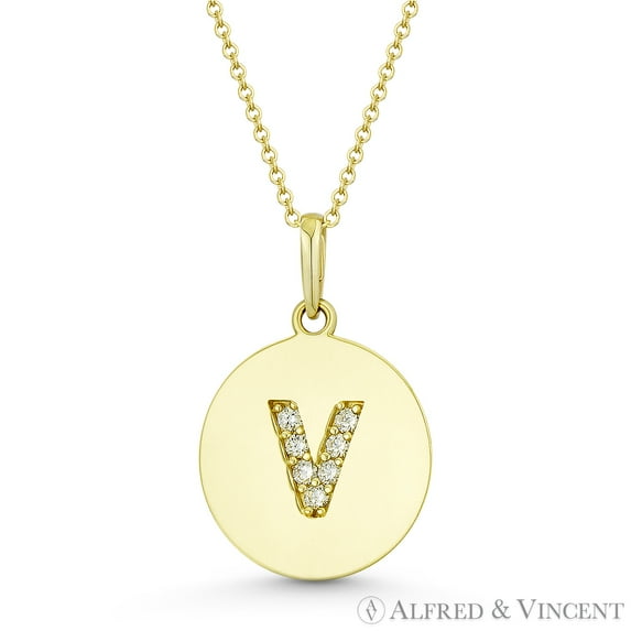 Initial Letter "V" Cubic Zirconia Crystal Round Disc Pendant in Solid 14k Yellow Gold