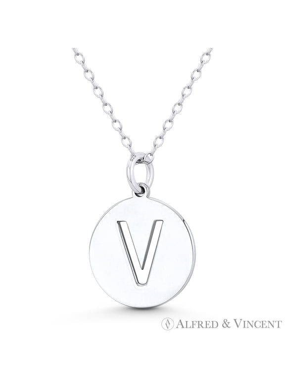 Initial Letter "V" Cutout 20x15mm (0.8in x 0.6in) Round Disc Pendant in .925 Sterling Silver