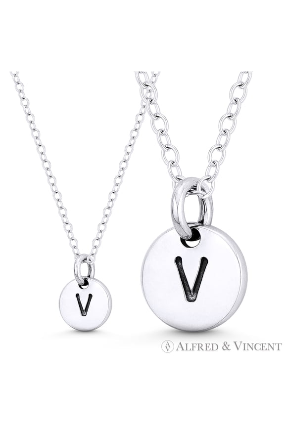 Initial Letter "V" Engraved Tiny 11x8mm (0.4"x0.3") Circle Pendant & Chain Necklace in .925 Sterling Silver