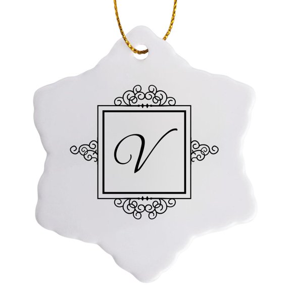 Initial Letter V Personal Monogrammed Fancy Black And White Typography Elegant Stylish Personalized, 3 inch Snowflake Porcelain Ornament