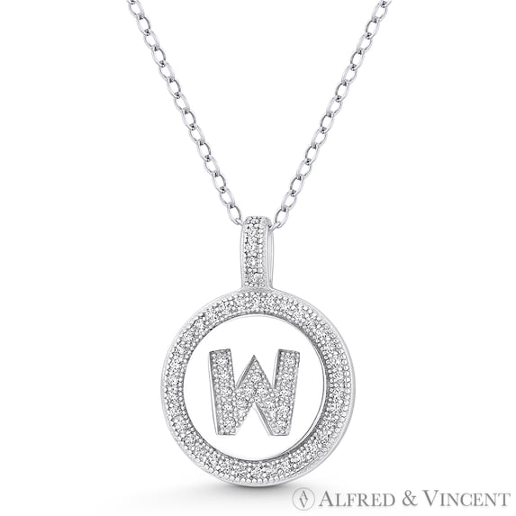 Initial Letter "W" Cubic Zirconia CZ Crystal Pave Pendant in .925 Sterling Silver w/ Rhodium