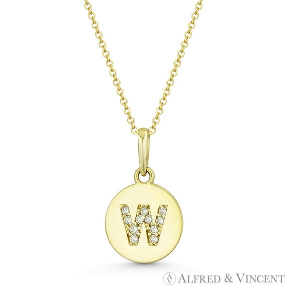 Initial Letter "W" Cubic Zirconia Crystal Round Disc Pendant in Solid 14k Yellow Gold