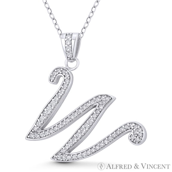 Initial Letter "W" Cursive Script Cubic Zirconia CZ Crystal Pendant in .925 Sterling Silver w/ Rhodium
