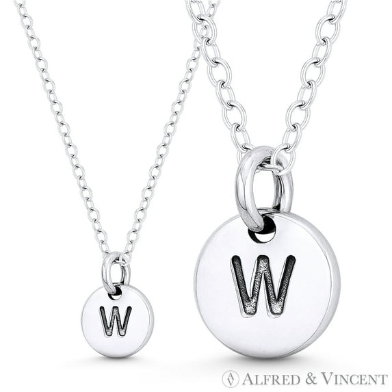 Initial Letter "W" Engraved Tiny 11x8mm (0.4"x0.3") Circle Pendant & Chain Necklace in .925 Sterling Silver