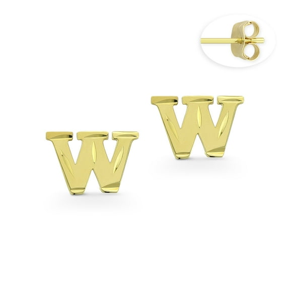 Initial Letter "W" Stud Earrings with Push-Back Posts in 14k Yellow Gold