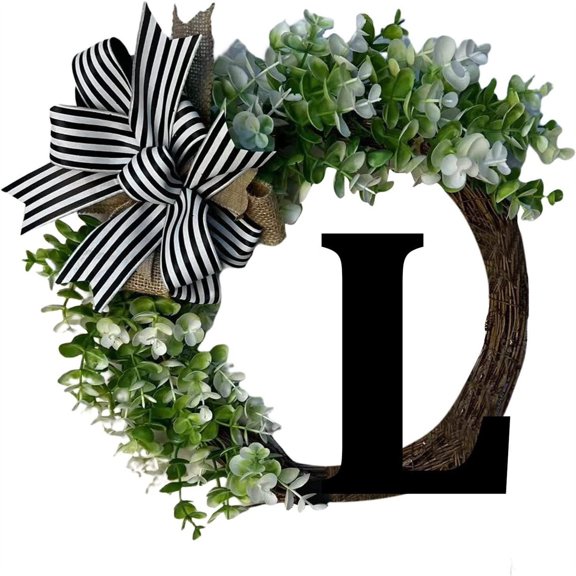 Initial Letter Wreath for Front Door, 26 Letter Options, Decorative Rattan Ring with Bow, Monogram Wall Hanging for Farmhouse Porch, Window, Entryway and All-Season Home Decor