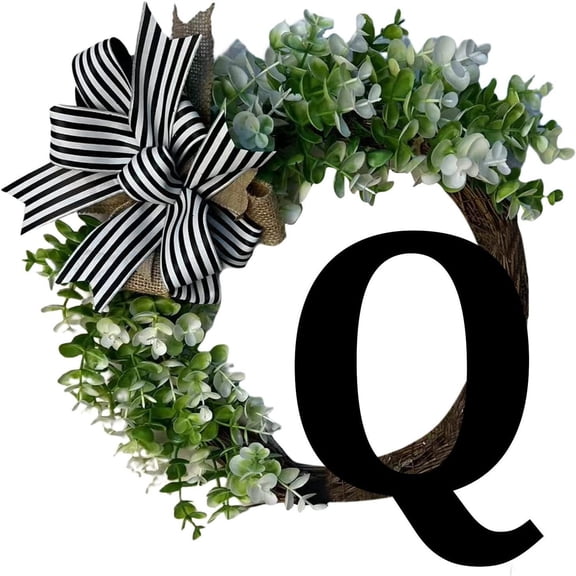 Initial Letter Wreath for Front Door, 26 Letter Options, Decorative Rattan Ring with Bow, Monogram Wall Hanging for Farmhouse Porch, Window, Entryway and All-Season Home Decor