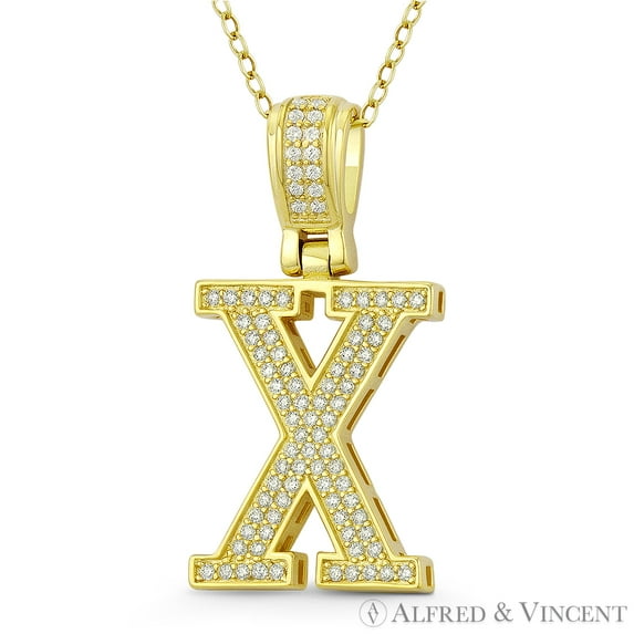 Initial Letter "X" Block Script Cubic Zirconia CZ Crystal Pendant in .925 Sterling Silver w/ 14k Yellow Gold