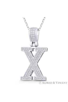 Initial Letter "X" Block Script Cubic Zirconia CZ Crystal Pendant in .925 Sterling Silver w/ Rhodium