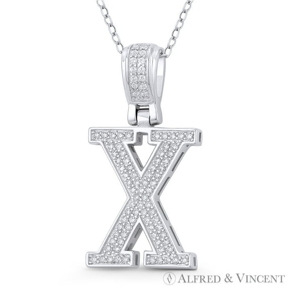 Initial Letter "X" Block Script Cubic Zirconia CZ Crystal Pendant in .925 Sterling Silver w/ Rhodium