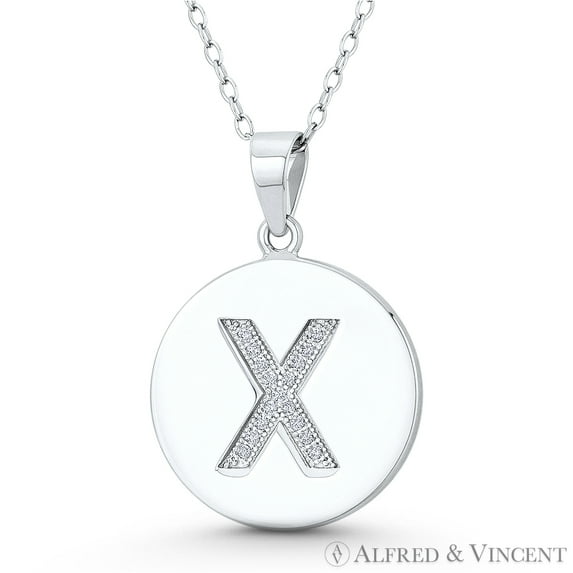 Initial Letter "X" Cubic Zirconia CZ Crystal 27x18mm (1.1"x0.7") Circle Pendant & Chain Necklace in .925 Sterling Silver w/ Rhodium