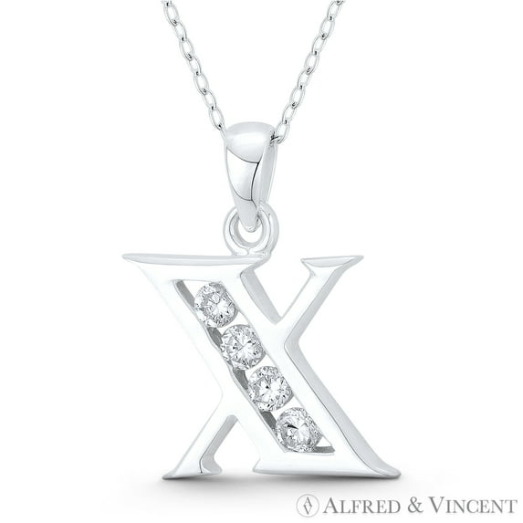 Initial Letter "X" Cubic Zirconia CZ Crystal Charm 25x20mm (1in x 0.8in) Pendant & Chain Necklace in .925 Sterling Silver