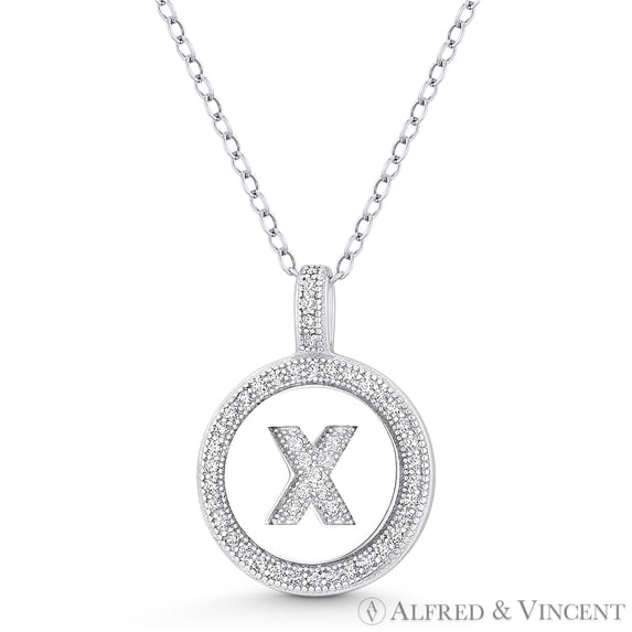 Initial Letter "X" Cubic Zirconia CZ Crystal Pave Pendant in .925 Sterling Silver w/ Rhodium