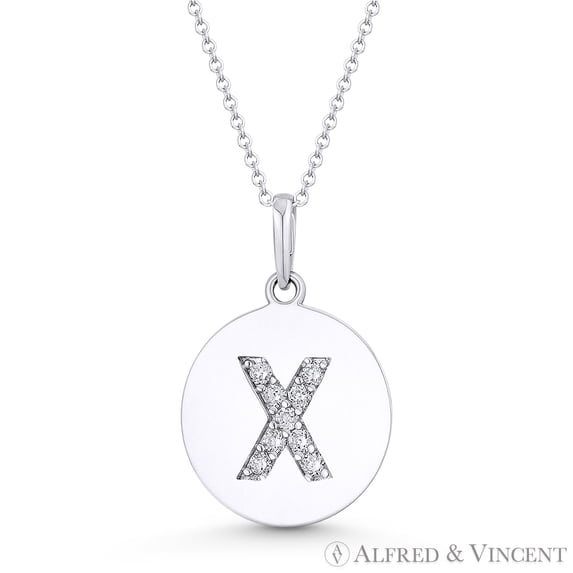 Initial Letter "X" Cubic Zirconia Crystal Round Disc Pendant in Solid 14k White Gold