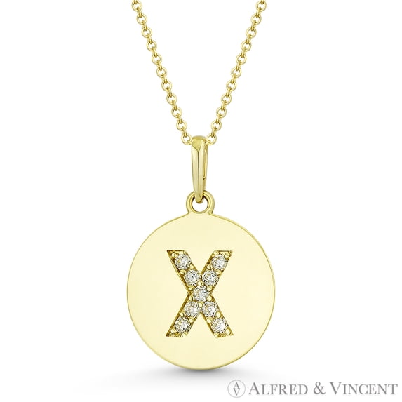 Initial Letter "X" Cubic Zirconia Crystal Round Disc Pendant in Solid 14k Yellow Gold