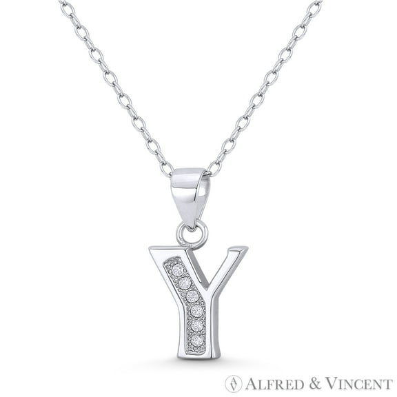 Initial Letter "Y" Block Script Cubic Zirconia CZ Crystal 19x10mm (0.75x0.4in) Pendant in .925 Sterling Silver w/ Rhodium