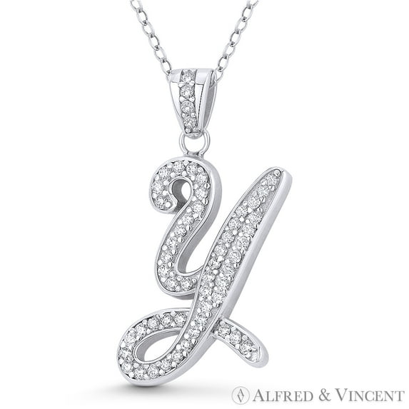 Initial Letter "Y" Cursive Script Cubic Zirconia CZ Crystal Pendant in .925 Sterling Silver w/ Rhodium