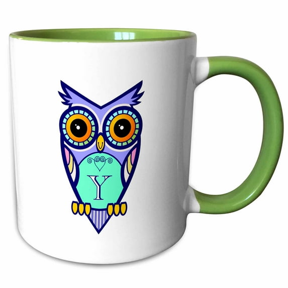 3drose, Initial Letter Y- Cute Owl in Turquoise Pink and Lavender, 15oz Two-tone Green Mug