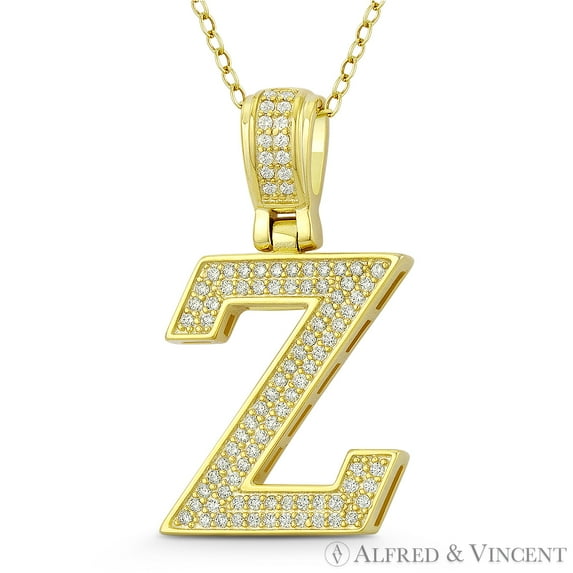 Initial Letter "Z" Block Script Cubic Zirconia CZ Crystal Pendant in .925 Sterling Silver w/ 14k Yellow Gold