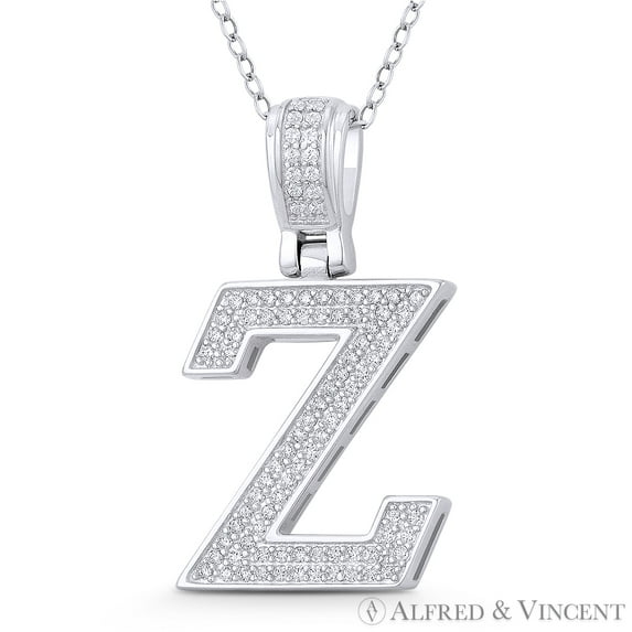 Initial Letter "Z" Block Script Cubic Zirconia CZ Crystal Pendant in .925 Sterling Silver w/ Rhodium
