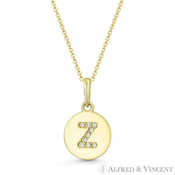 Initial Letter "Z" Cubic Zirconia Crystal Round Disc Pendant in Solid 14k Yellow Gold