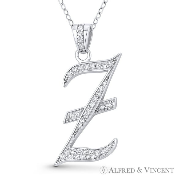 Initial Letter "Z" Cursive Script Cubic Zirconia CZ Crystal Pendant in .925 Sterling Silver w/ Rhodium