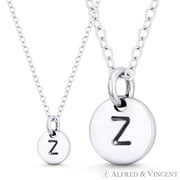 Initial Letter "Z" Engraved Tiny 11x8mm 0.4"x0.3" Circle Pendant & Chain Necklace in .925 Sterling Silver