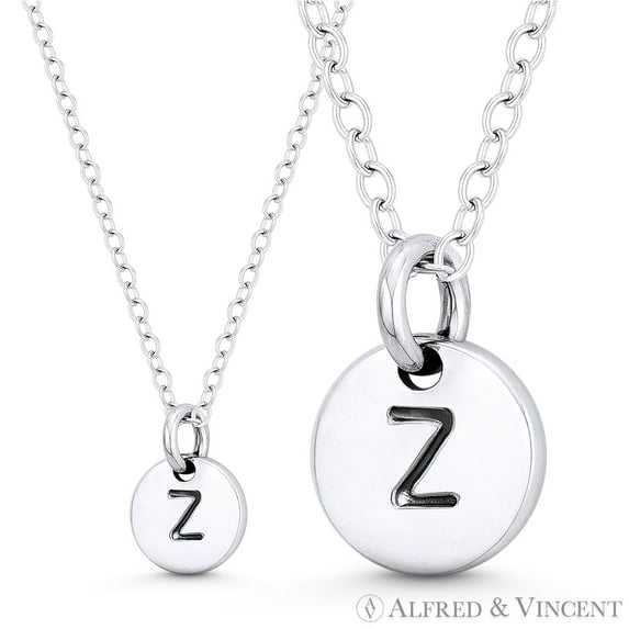 Initial Letter "Z" Engraved Tiny 11x8mm (0.4"x0.3") Circle Pendant & Chain Necklace in .925 Sterling Silver