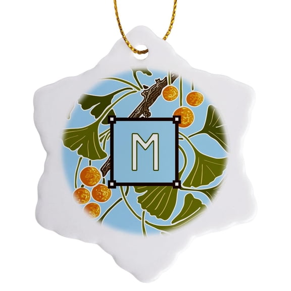 3drose, Initial M- American Arts and Crafts Style Ginkgo Monogram Design, 3 inch Snowflake Porcelain Ornament