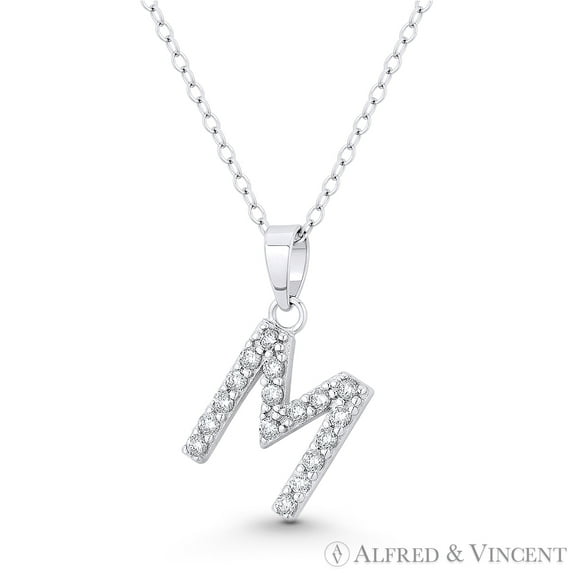 Initial "M" Cubic Zirconia CZ Crystal Pendant w/ Cable Chain Necklace in .925 Sterling Silver