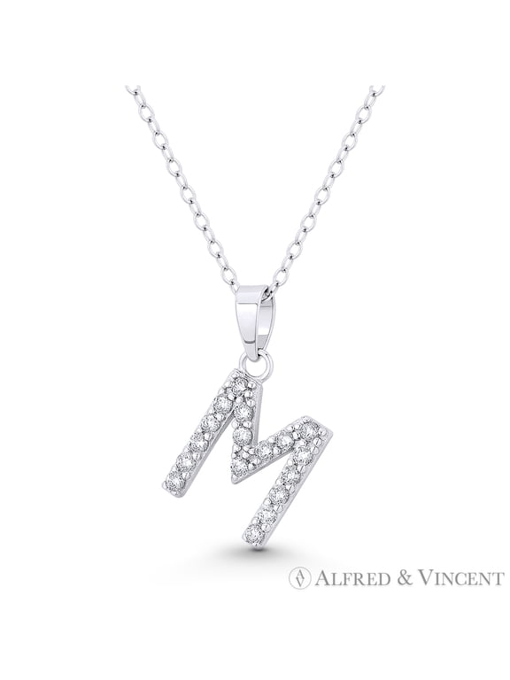 Initial "M" Cubic Zirconia CZ Crystal Pendant w/ Cable Chain Necklace in .925 Sterling Silver