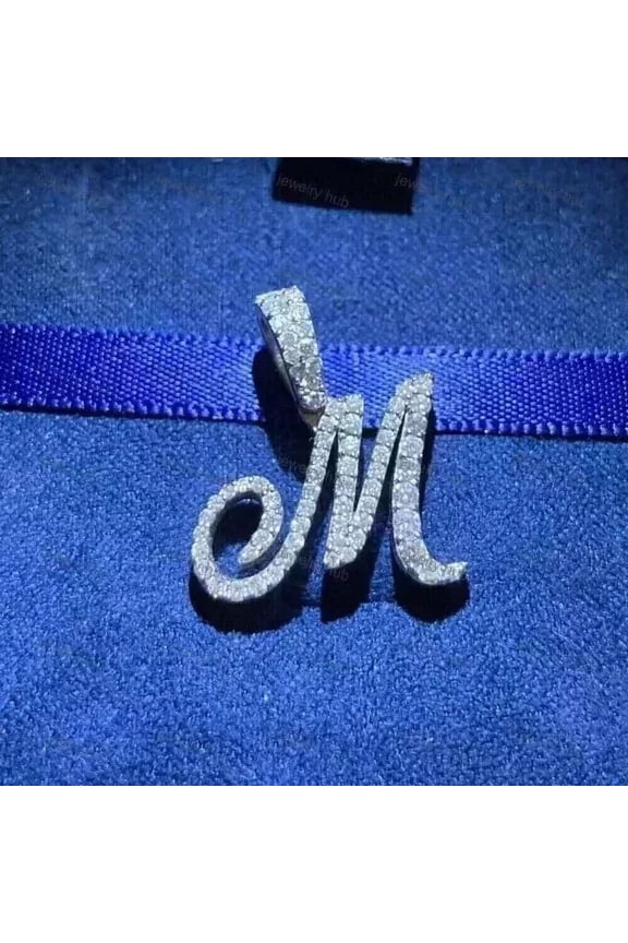 Initial "M" Letter Pendant 2Ct Round Cut Lab Created Diamond 14K White Gold Over