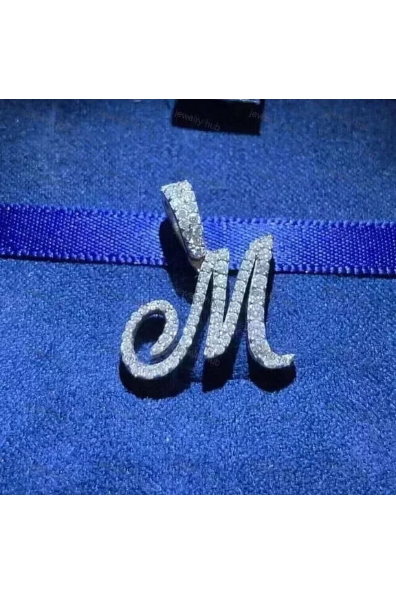 Initial "M" Letter Pendant 2Ct Round Cut Lab Created Diamond 14K White Gold Over