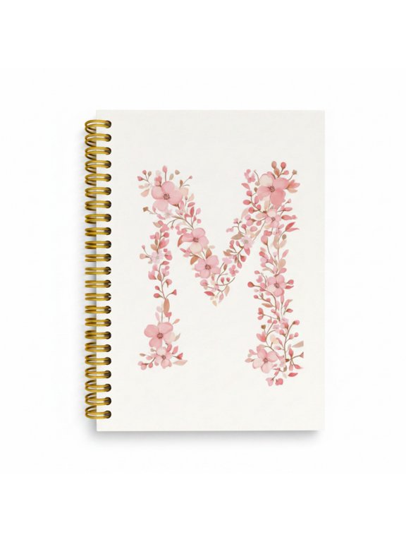 Initial M Lined Journal , Pink Floral Spiral Notebook for , Aesthetic Personalized Monogram Diary for Writing, Cute Stationery Gift for Back to , Birthday, Pink