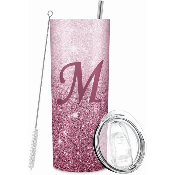 Initial M Monogrammed Tumblers with Lids and Straws - 20oz Personalized Gifts for Girls, Women, Mom, Teacher, Wedding, Graduation