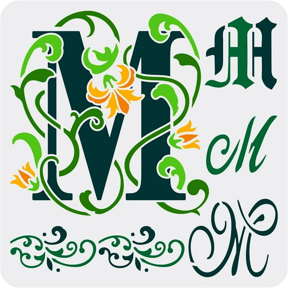 Initial M Painting Stencil 11.8x11.8inch Reusable Graffiti Letter M Drawing Template DIY Art Flower Vine Design Letter M Stencil Painting on Wood Wall and Furniture White