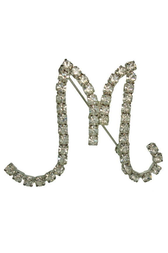 Initial "M" Pin Brooch Pave Rhinestones Silver Tone 1 1/2" Ladies Adult Female Women