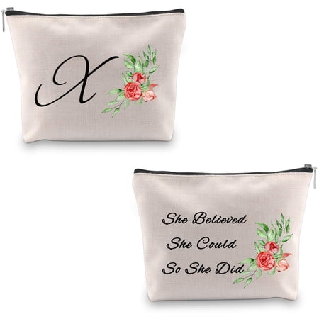 Initial Makeup Bag Big Letter Script Name Monogram Personalized Travel Makeup Bag for Women Inspirational Gifts She Believed She Could So She Did
