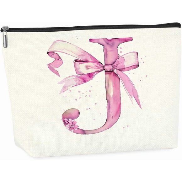 Initial Makeup Bag, Monogram Bow Travel Toiletry Bag, Make Up Bag, Personalized Preppy Cosmetic Bag, Toiletry Bag Makeup Pouch Bag for Purse, Birthday Gifts for Women (Pink,J)