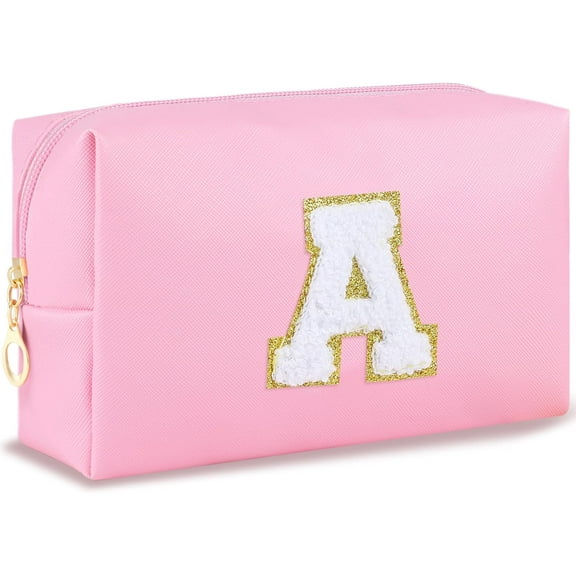 Initial Makeup Bag Personalized Preppy Cosmetic Bag Travel Toiletry Bag Waterproof PU Small Makeup Pouch Bag for Purse Birthday Gift Cute Stuff for Teen Girls Women (Pink A)