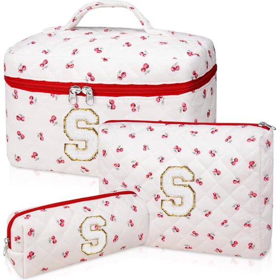 Initial Makeup Bag Set, Personalized Quilted Makeup Bag, Large Floral Bag for Women, Cute Custom Make up Bags, Flower Travel Toiletry Bag Teen Girl Trendy Stuff Red Cherry S