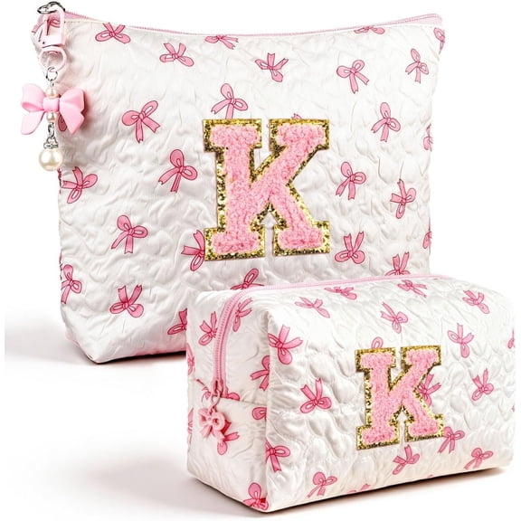 Initial Makeup Bag, Valentines Day Gifts for Women Teens Girls Birthday Personalized Bow Bag, Quilted Travel Toiletry Pouch, Cute Makeup Organizer Teen Girl Gifts Trendy Stuff K
