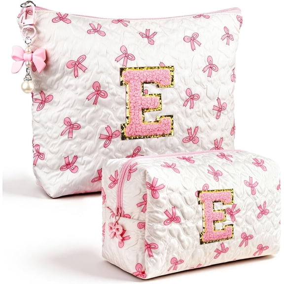 Initial Makeup Bag, Valentines Day Gifts for Women Teens Girls Birthday Personalized Bow Bag, Quilted Travel Toiletry Pouch, Cute Makeup Organizer Teen Girl Gifts Trendy Stuff E