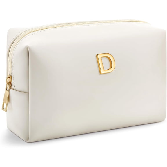 Initial Makeup Bag for Women Beige Leather Easter Basket Gifts Monogram Bag Small Travel Toiletry Pouch Wedding Birthday Graduation Bridesmaid Gifts for Teen Girls Women Teachers