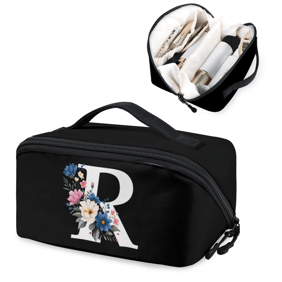 Initial Makeup Bag for Women,Personalized Travel Makeup Bag,Cosmetic Travel Toiletry Bag with Printed Name Initials,Wide Open Portable Pouch with Divider and Handle