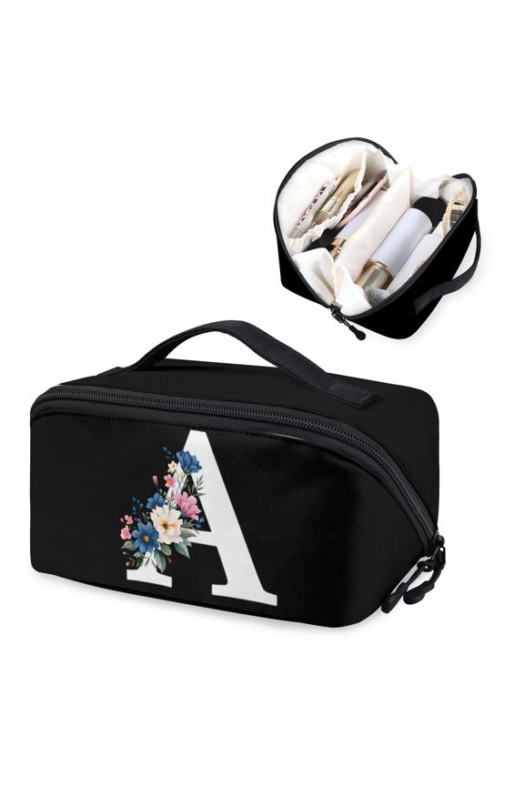 Initial Makeup Bag for Women,Personalized Travel Makeup Bag,Cosmetic Travel Toiletry Bag with Printed Name Initials,Wide Open Portable Pouch with Divider and Handle