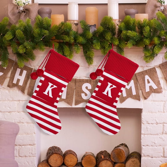 Initial Monogram Embroidered Christmas Stocking, Striped knitted Christmas Decorations Stocking, Red and White Letter Stockings, for Family Holiday and Xmas Tree Fireplace Decor